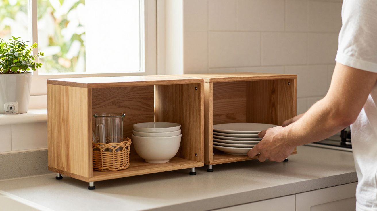 Homem a arrumar pratos num armário de madeira na cozinha, ao lado de copos e taças, com uma planta ao fundo.