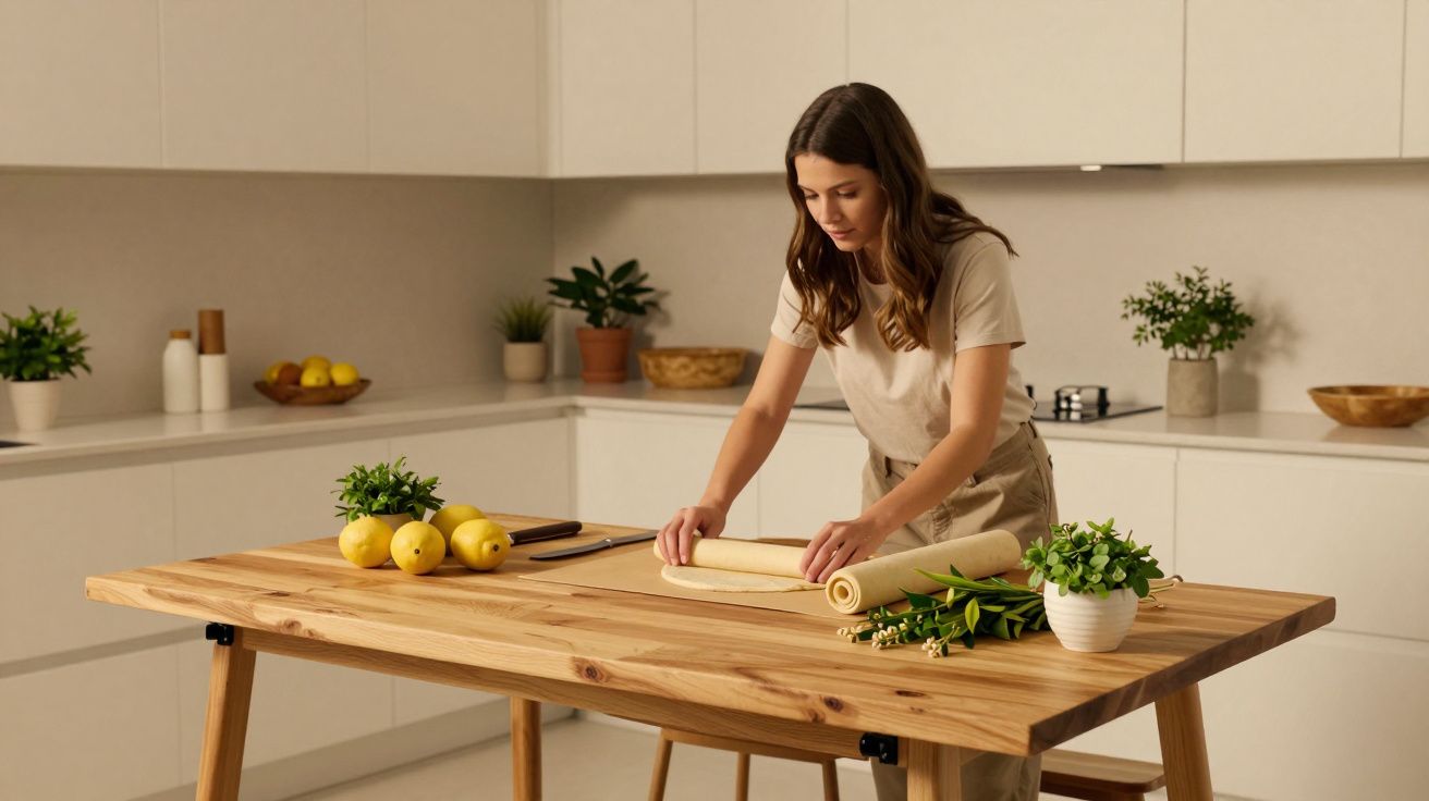 Mulher preparando massa numa mesa de cozinha moderna com limões e plantas ao redor.