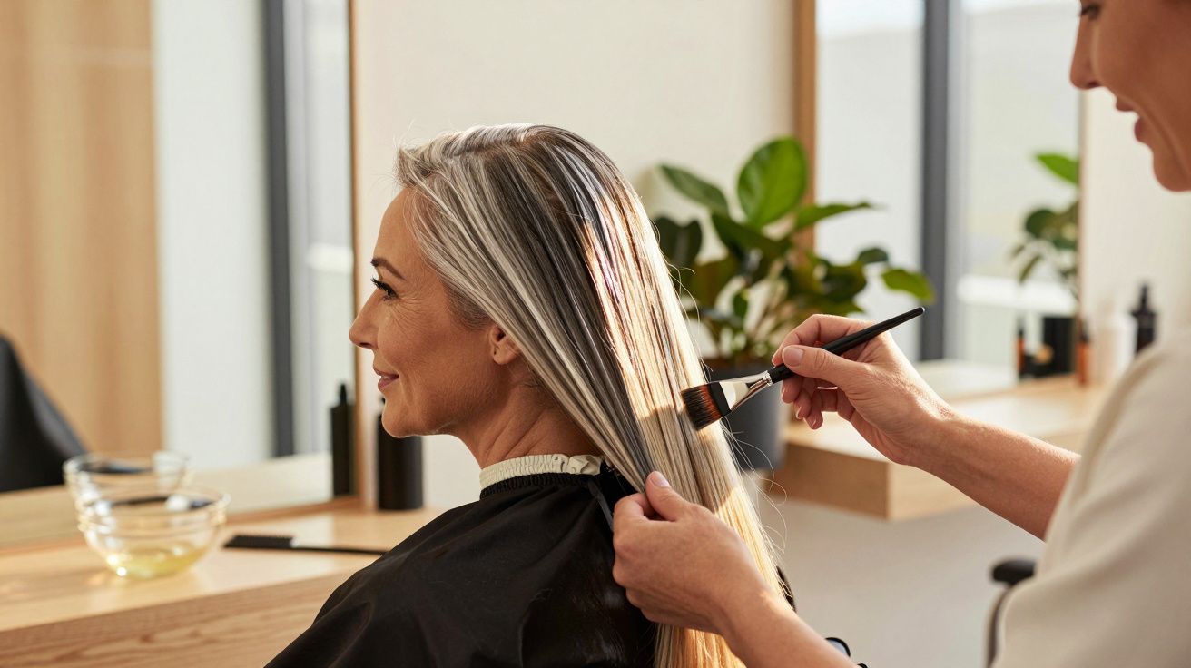 Cabeleireira aplica tintura em cabelo comprido de mulher sentada em salão moderno.