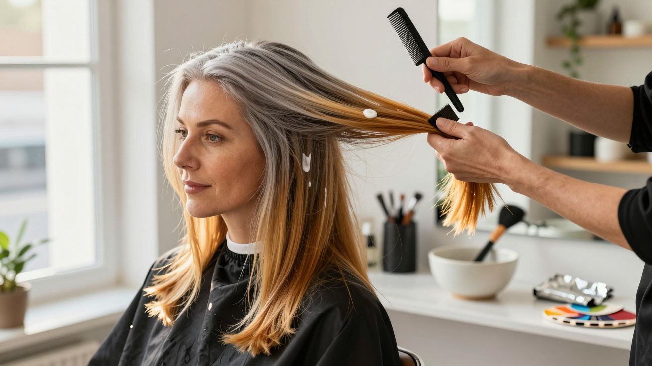 Mulher num salão de cabeleireiro a pintar o cabelo, enquanto um cabeleireiro aplica tinta com um pente.