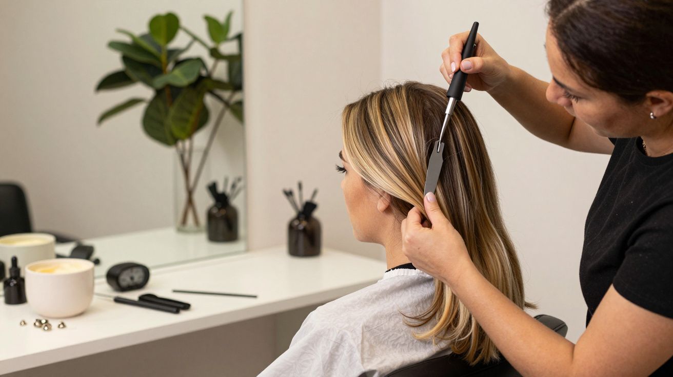 Cabeleireira a pentear cabelo loiro de mulher sentada em frente a espelho num salão, com utensílios de cabelo na mesa.