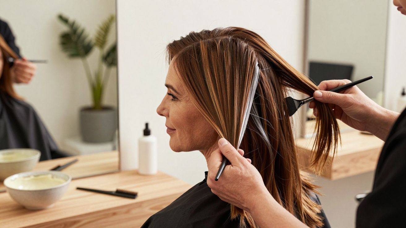 Mulher a receber tratamento de cabelo num cabeleireiro, com pente e pincel na mão do cabeleireiro.