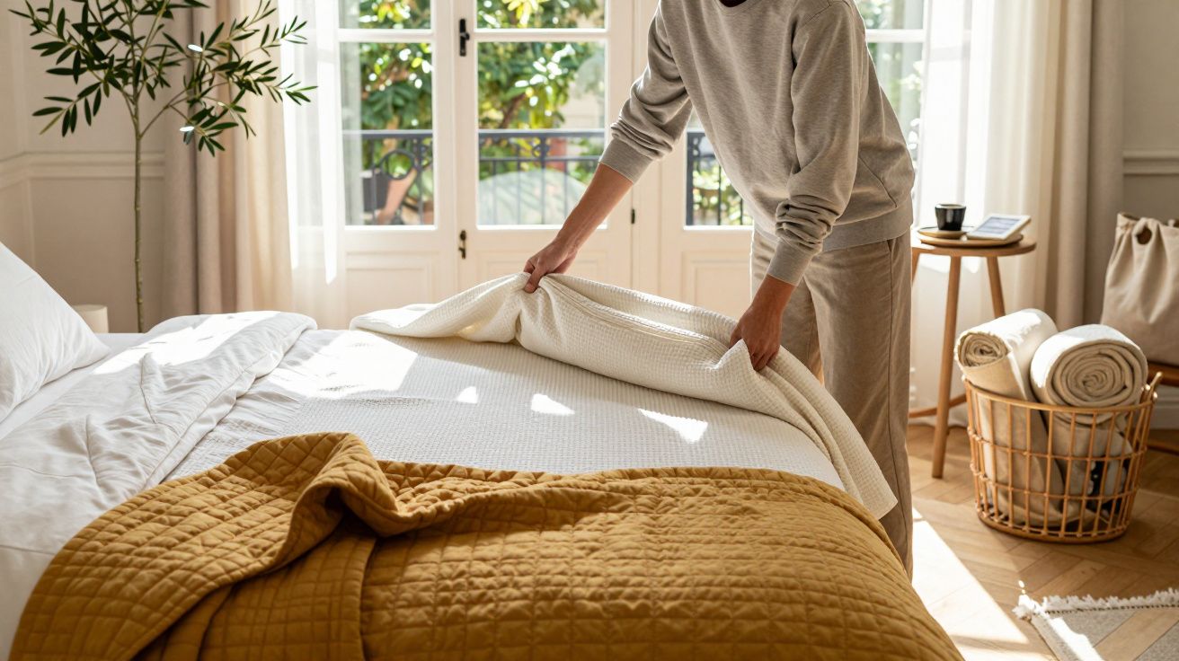 Pessoa a fazer a cama, coberta branca e manta amarela, ao lado de janela grande com plantas e cesto com mantas.