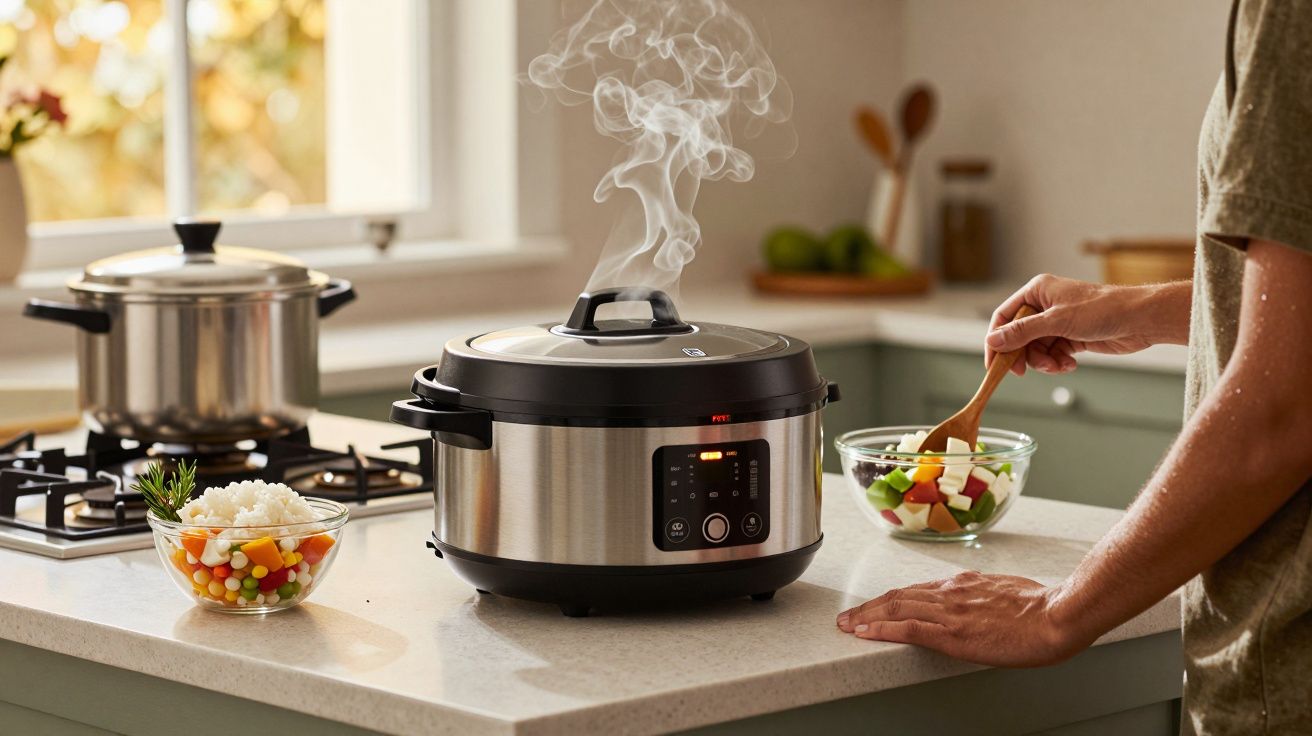 Pessoa a cozinhar legumes, vaporizador a funcionar na cozinha moderna com bancada de mármore.