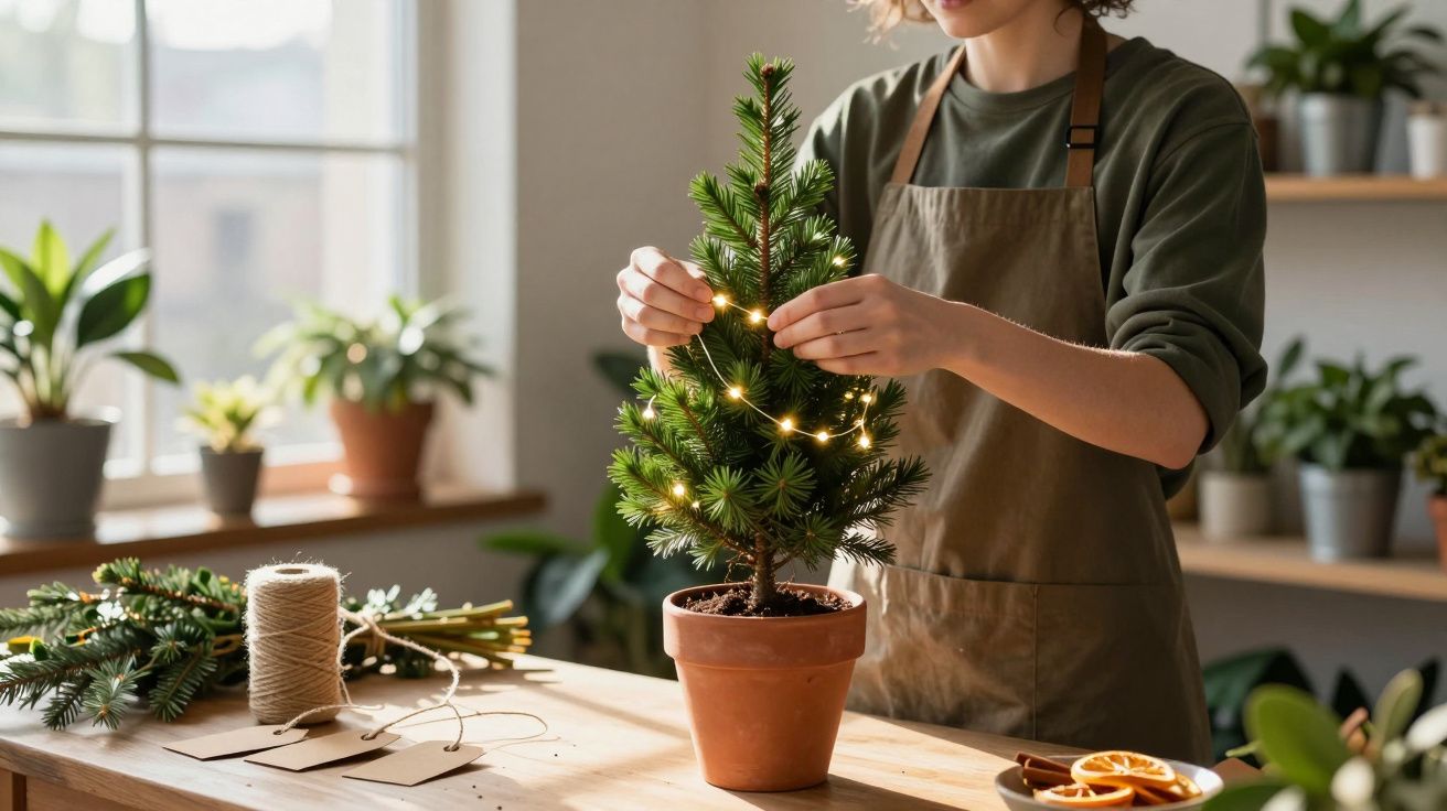 Pessoa decora pequeno pinheiro num vaso com luzes natalícias numa mesa de madeira, rodeada por plantas e laranja seca.