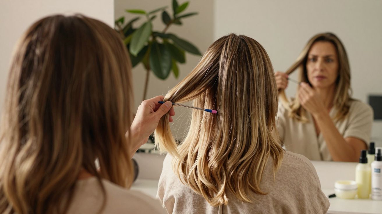 Mulher em frente ao espelho, segurando uma madeixa de cabelo loiro com uma escova.