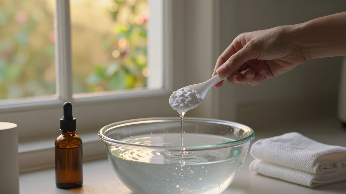 Mão adiciona pó branco numa tigela com água numa cozinha iluminada, ao lado de uma garrafa âmbar e toalhas brancas.