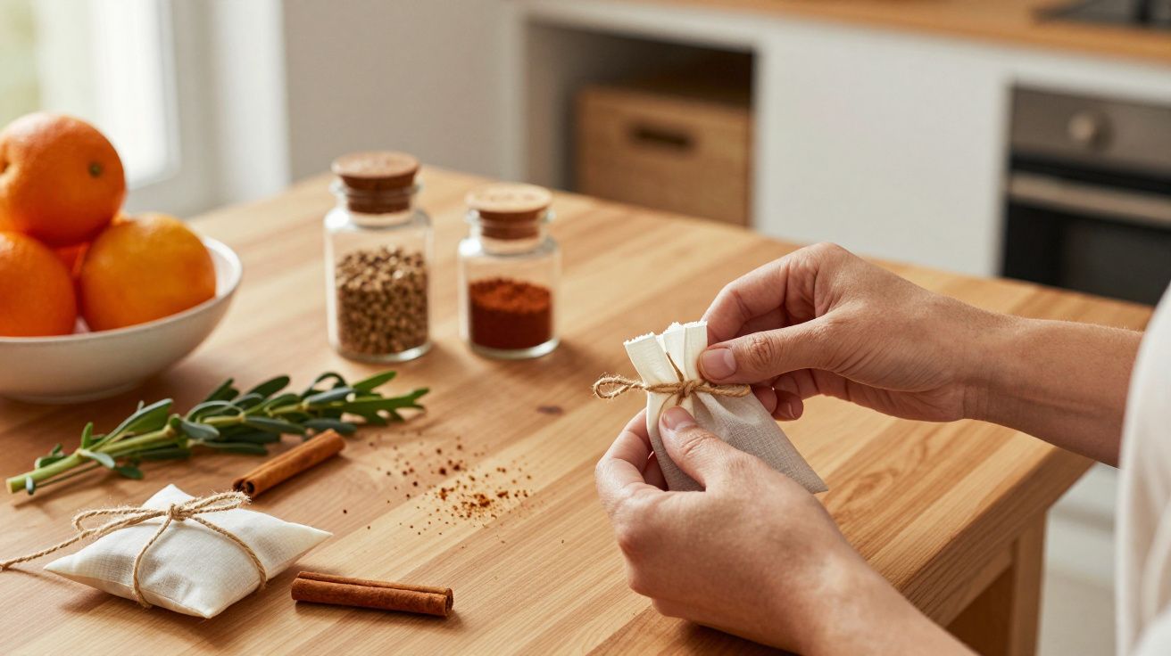 Mãos a embrulhar especiarias em tecido sobre mesa de madeira, rodeadas de laranjas, ervas e frascos de vidro.