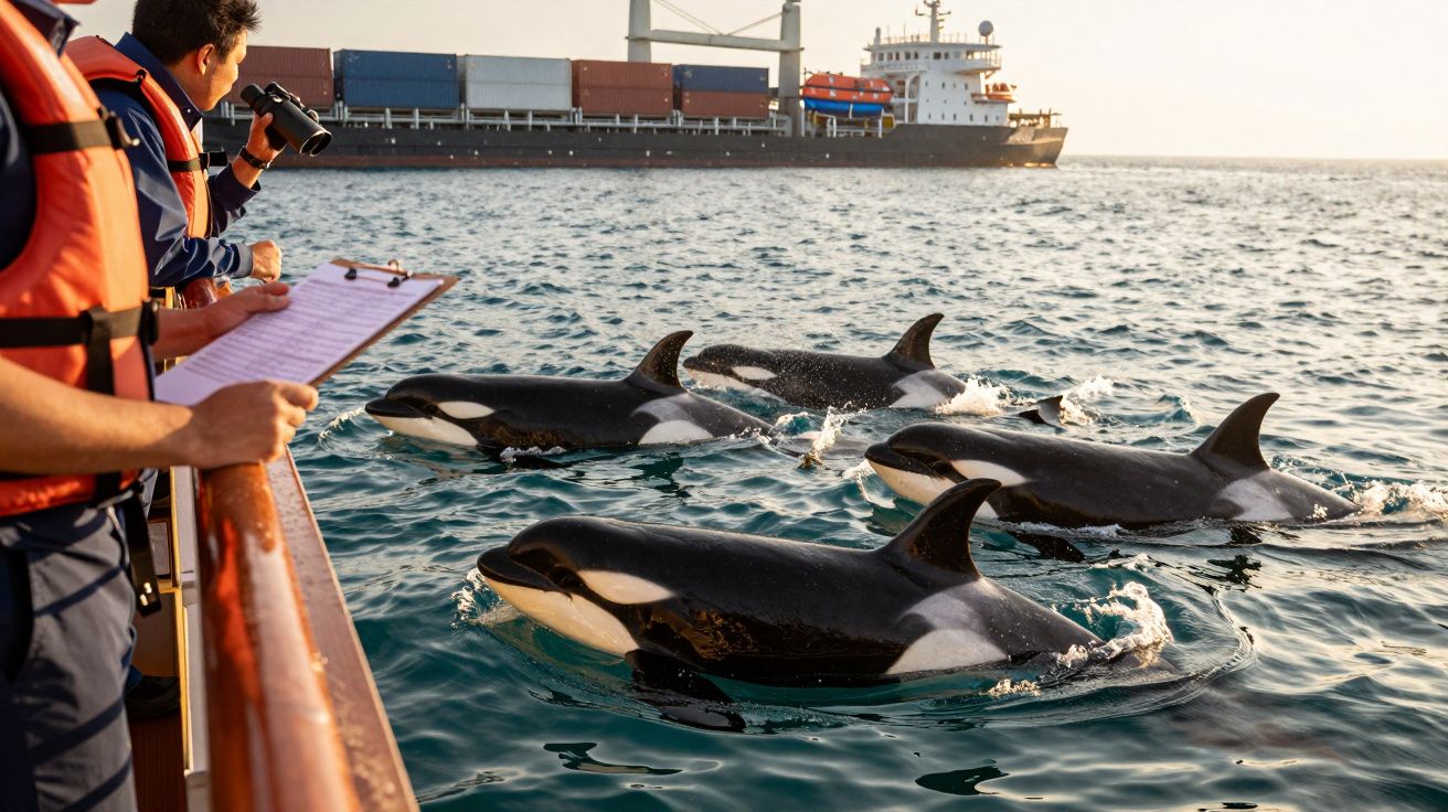 Orcas nadam perto de um navio de carga, enquanto pessoas observam e tiram notas a partir de um barco próximo.