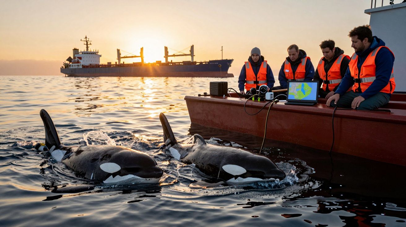Investigadores em barco observam duas orcas na água ao pôr do sol, com navio de carga ao fundo.