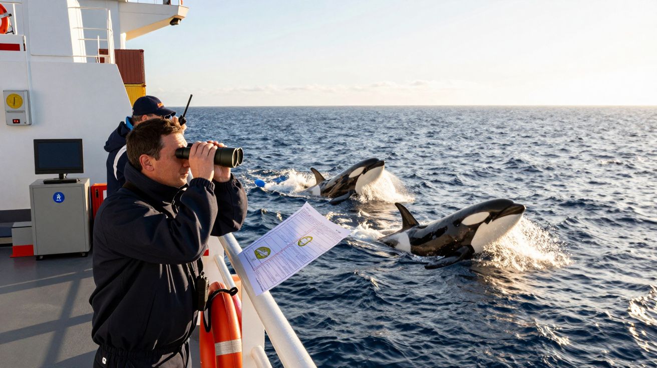Homem no barco observa através de binóculos duas orcas a nadar ao lado, num oceano calmo e ensolarado.