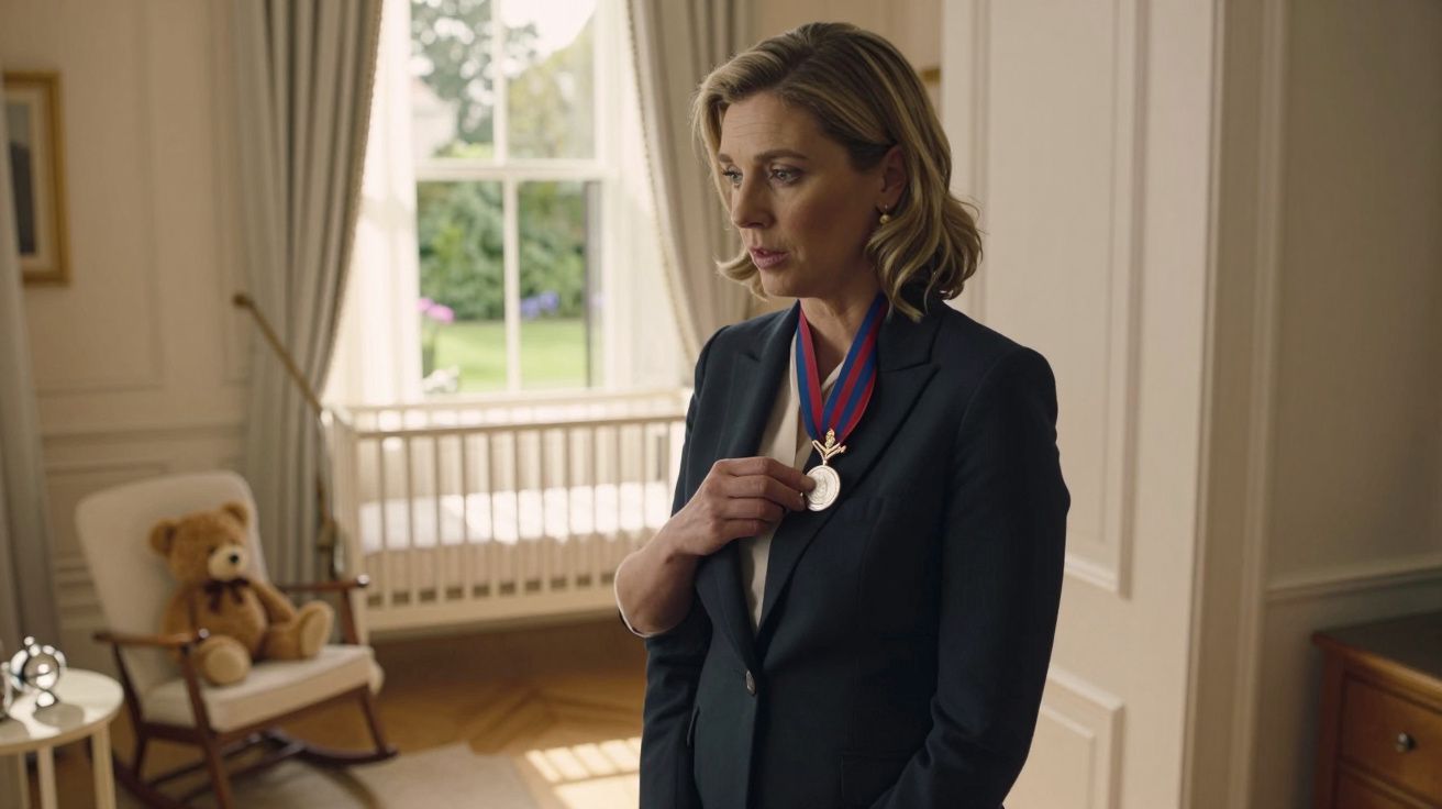 Mulher numa sala de bebé com berço, segurando uma medalha ao peito e olhando para a janela.