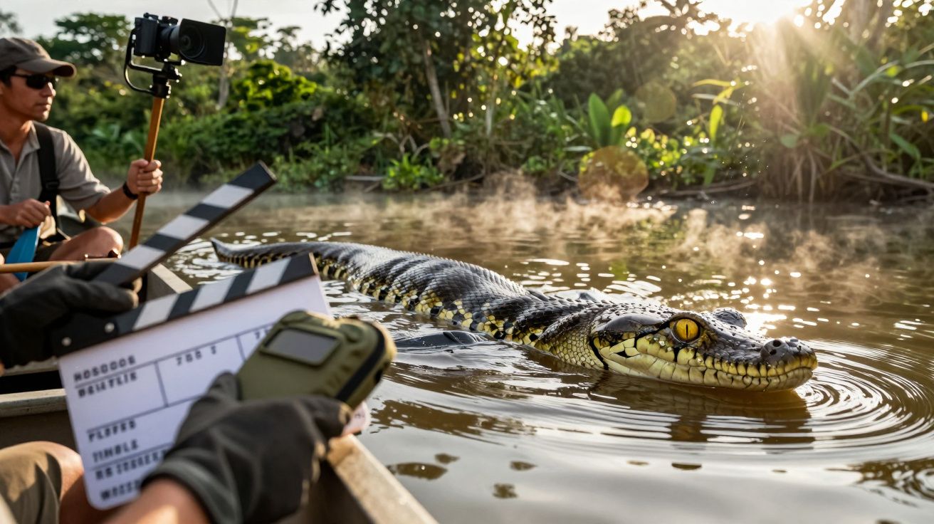 Homem filma jacaré num rio ao pôr-do-sol enquanto outro segura uma claquete no barco.