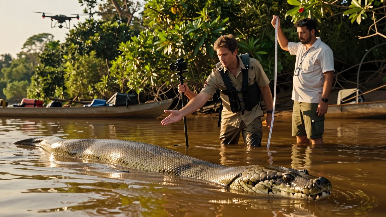 Homens observam uma grande anaconda na água, com um drone a voar acima e vegetação ao fundo.