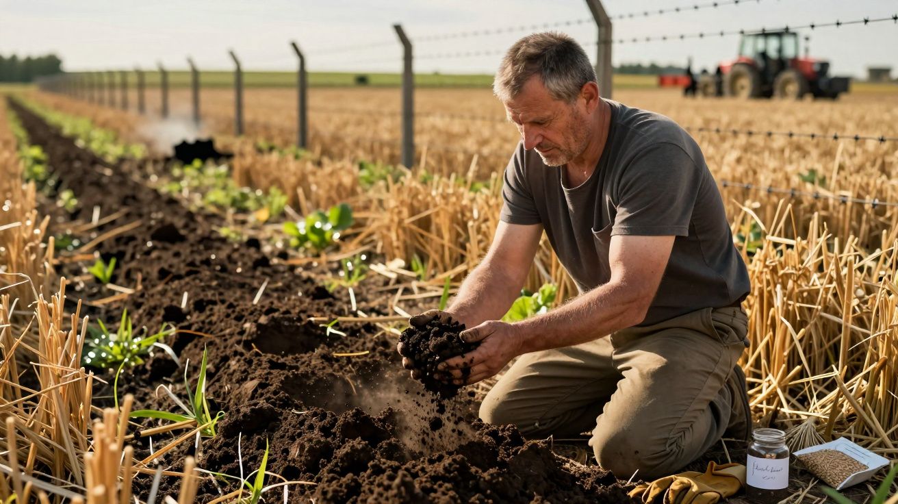 Agricultor ajoelhado, segurando terra fértil num campo cultivado, com um trator e vedação ao fundo.