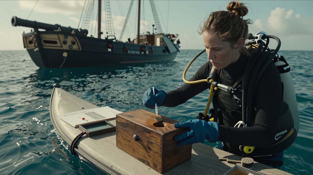 Mergulhadora em prancha de surf analisa artefato numa caixa de madeira. Barco à vela ao fundo no mar.