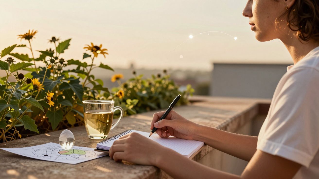 Mulher escreve num caderno ao pôr do sol, com chá e gráfico astrológico sobre uma mesa perto de flores amarelas.