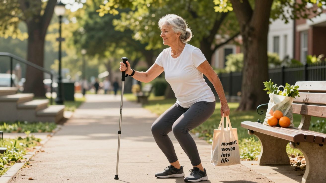 Idosa a fazer exercício num parque com saco de compras e bastão de caminhada.