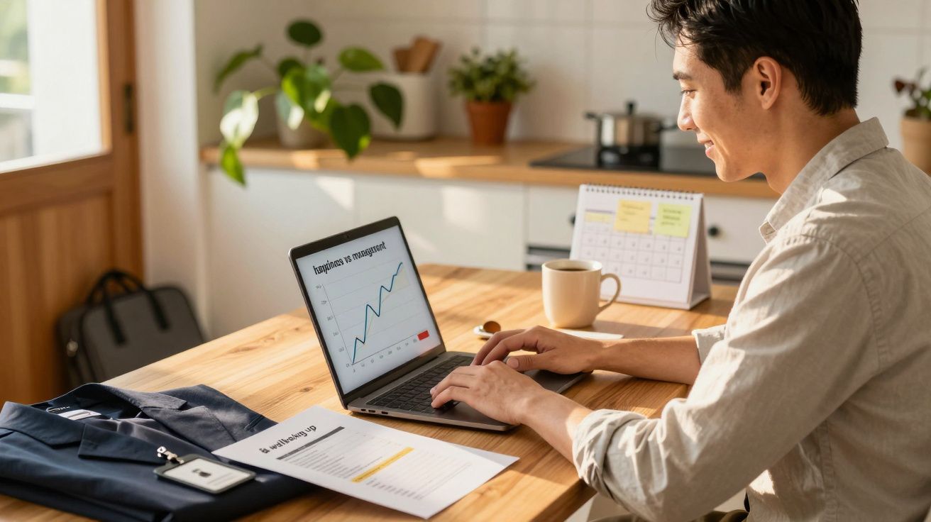 Homem sorrindo a trabalhar num portátil na cozinha, observando gráficos de crescimento.