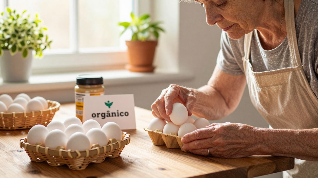 Mulher organizando ovos numa caixa sobre mesa com cestos de ovos, ao lado de sinal de "orgânico".