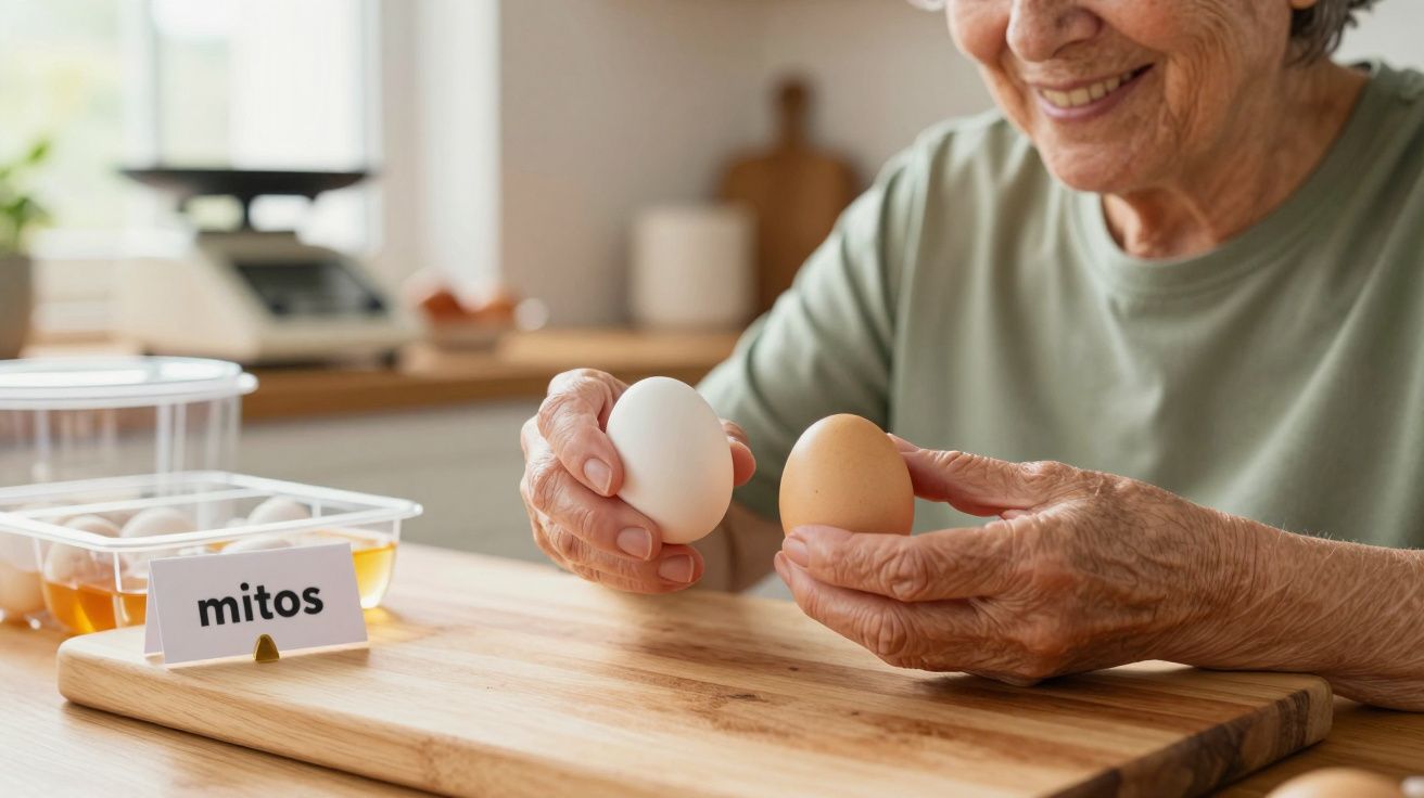 Idosa sorri enquanto segura dois ovos em cima de uma tábua, com caixa de ovos ao lado rotulada como "mitos".