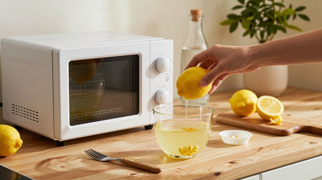 Mão espremendo limão numa tigela em frente a um micro-ondas numa cozinha com tábua de cortar e garrafa.