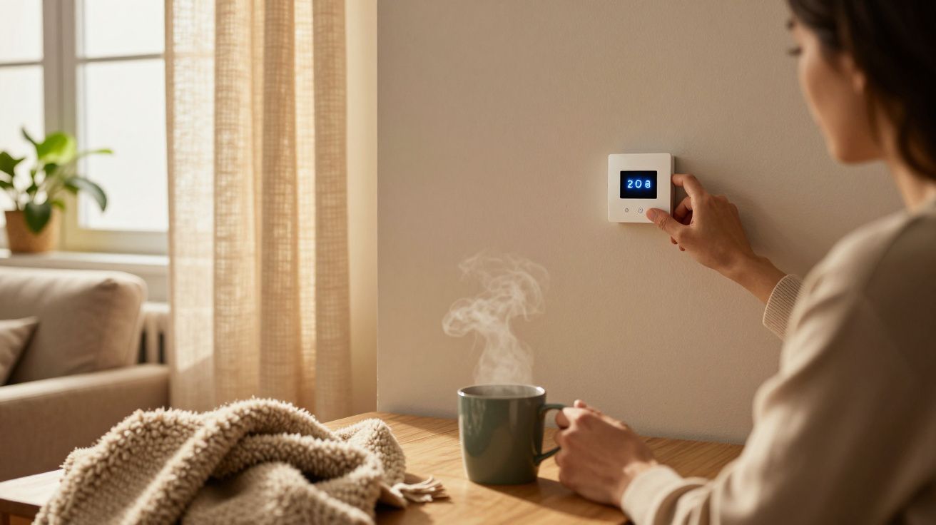 Mulher ajusta termostato na parede, enquanto segura uma chávena de chá fumegante numa sala iluminada.