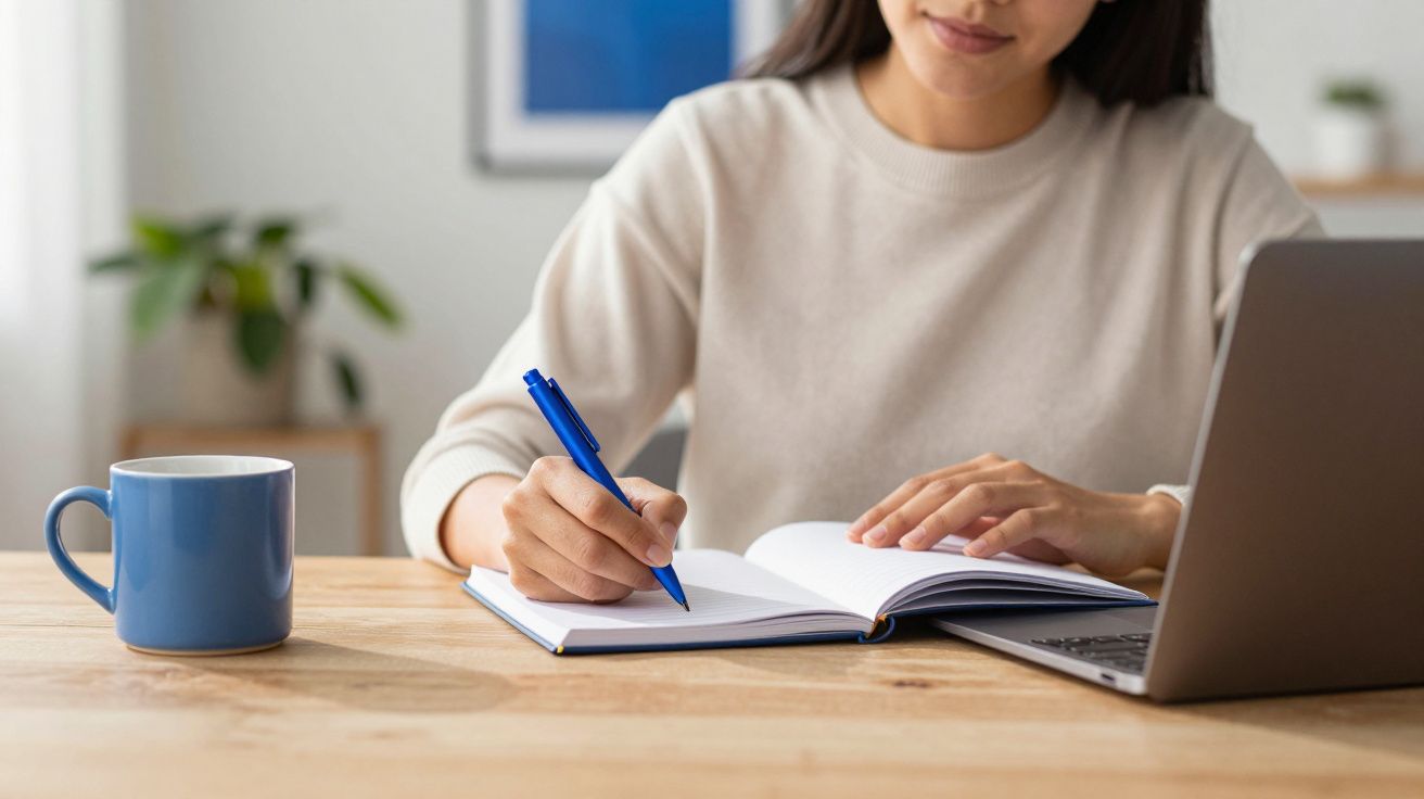 Mulher a escrever num caderno, com caneca azul e portátil sobre a mesa.