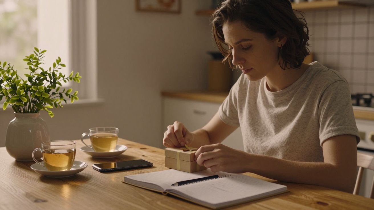 Mulher sentada à mesa de madeira, resolvendo um quebra-cabeças com um bloco, chá na mesa ao lado.
