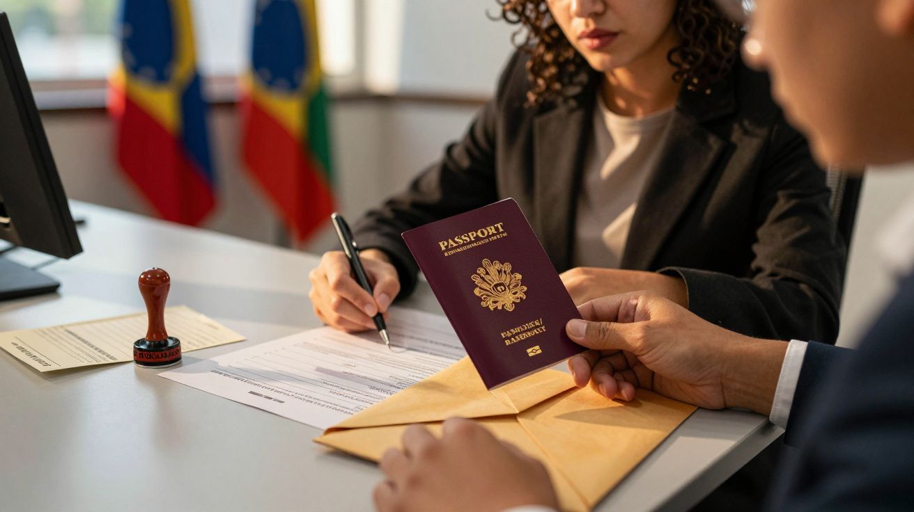 Pessoa a segurar passaporte enquanto outra preenche formulário numa mesa de escritório, com bandeiras ao fundo.