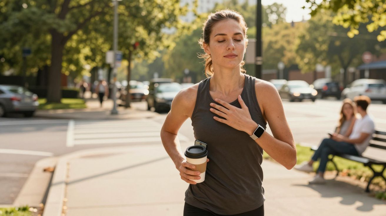 Mulher a caminhar numa rua arborizada com copo de café na mão, roupa desportiva e smart watch.
