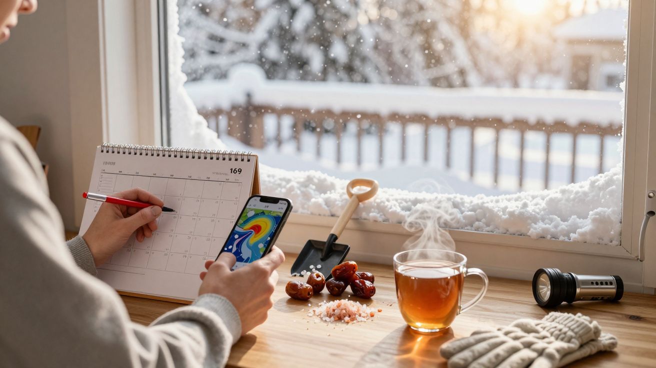Pessoa escreve num calendário perto de janela com neve; chá, tâmaras e lanterna na mesa; paisagem nevada ao fundo.