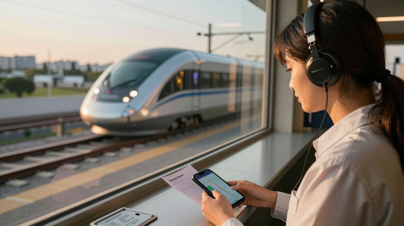Mulher com auscultadores, sentada numa janela de comboio em movimento, a usar um smartphone.