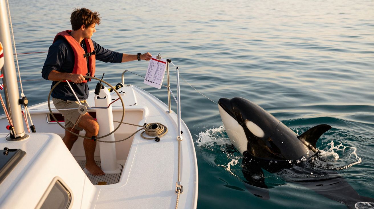 Homem num barco a velejar interage com uma orca na água, usando um microfone e nota em papel.