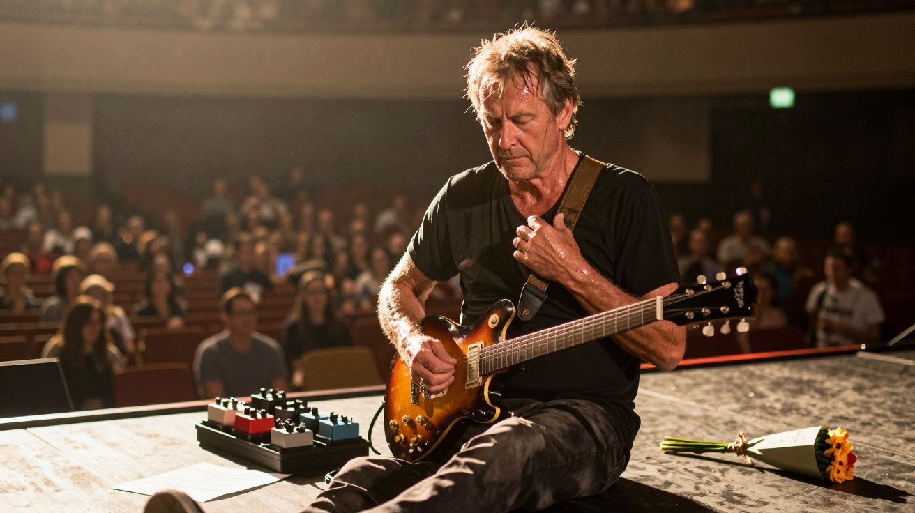 Músico sentado no palco tocando guitarra elétrica, com pedais de efeito ao lado e público ao fundo.