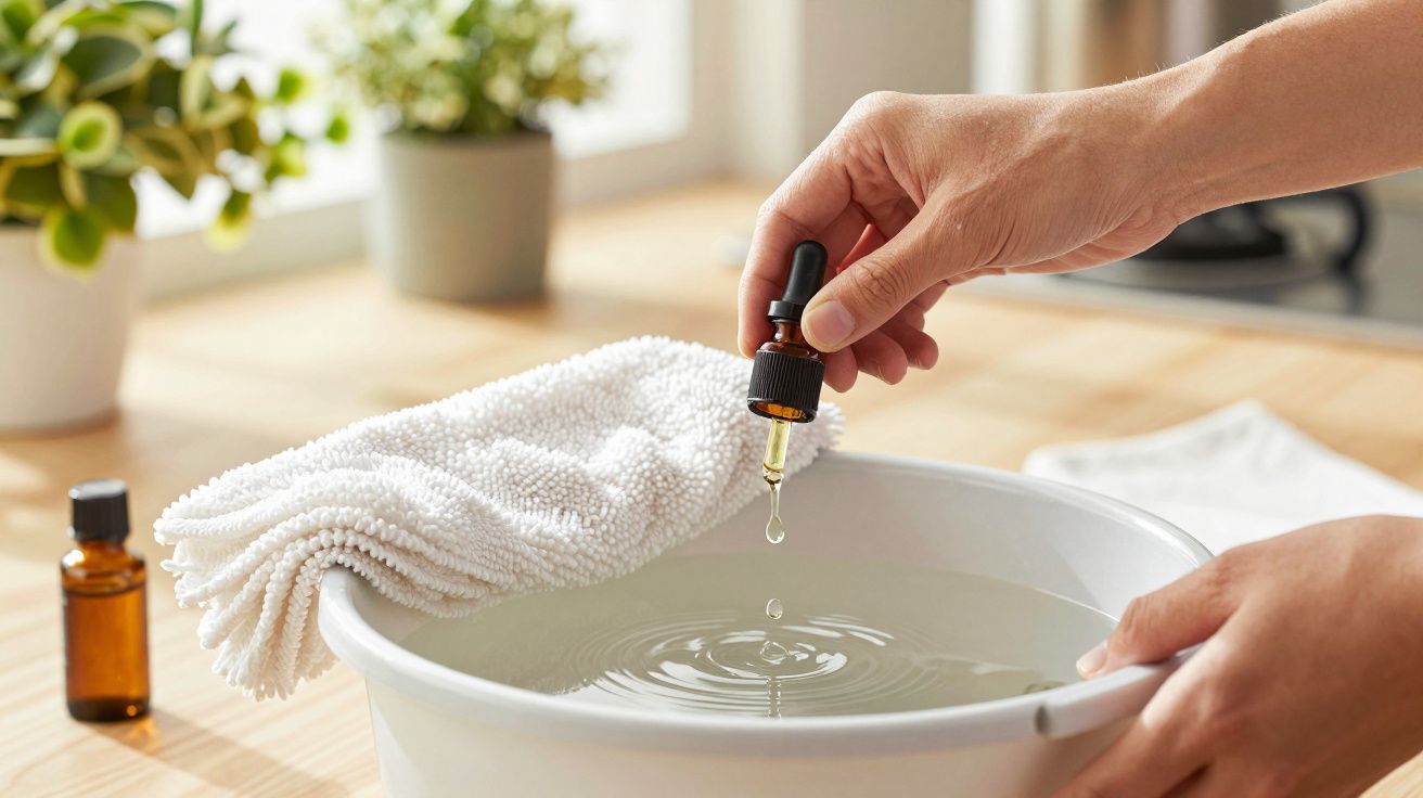 Mão adiciona gotas de óleo em tigela com água, pano e frasco sobre a mesa.