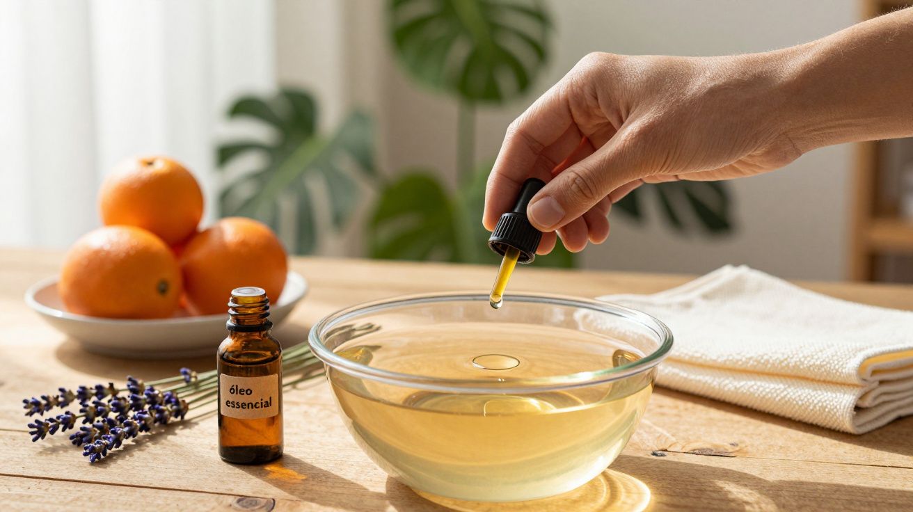 Mão pinga óleo essencial num recipiente de vidro, ao lado de lavanda e laranjas sobre a mesa.