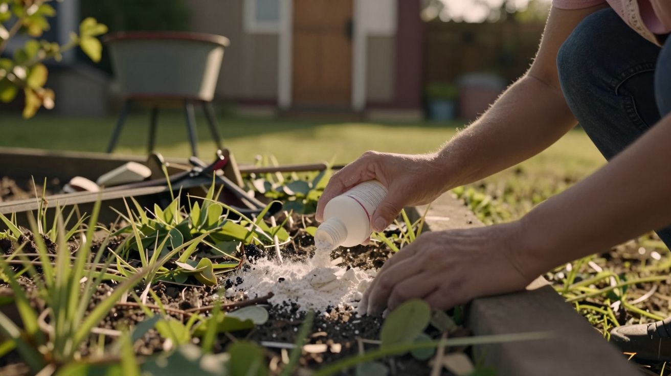 Pessoa a aplicar pó branco em canteiro de jardim, rodeada de plantas verdes, com ferramentas ao fundo.