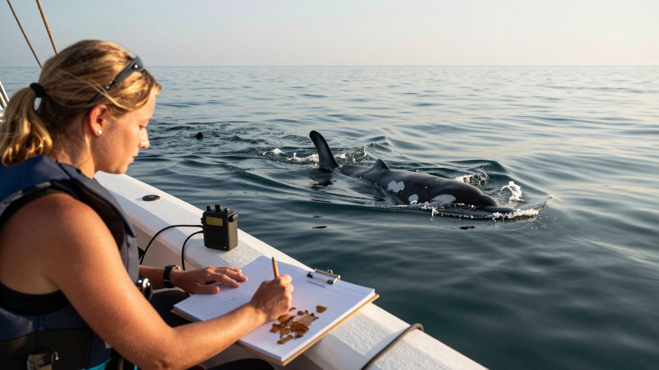 Mulher num barco observa e anota dados sobre uma orca que nada próxima na superfície do mar.