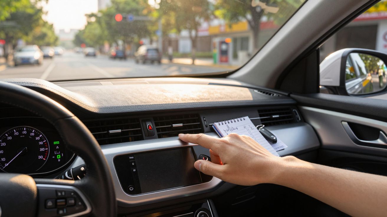 Mão ajusta o painel táctil no interior de um carro enquanto conduz numa rua ensolarada.