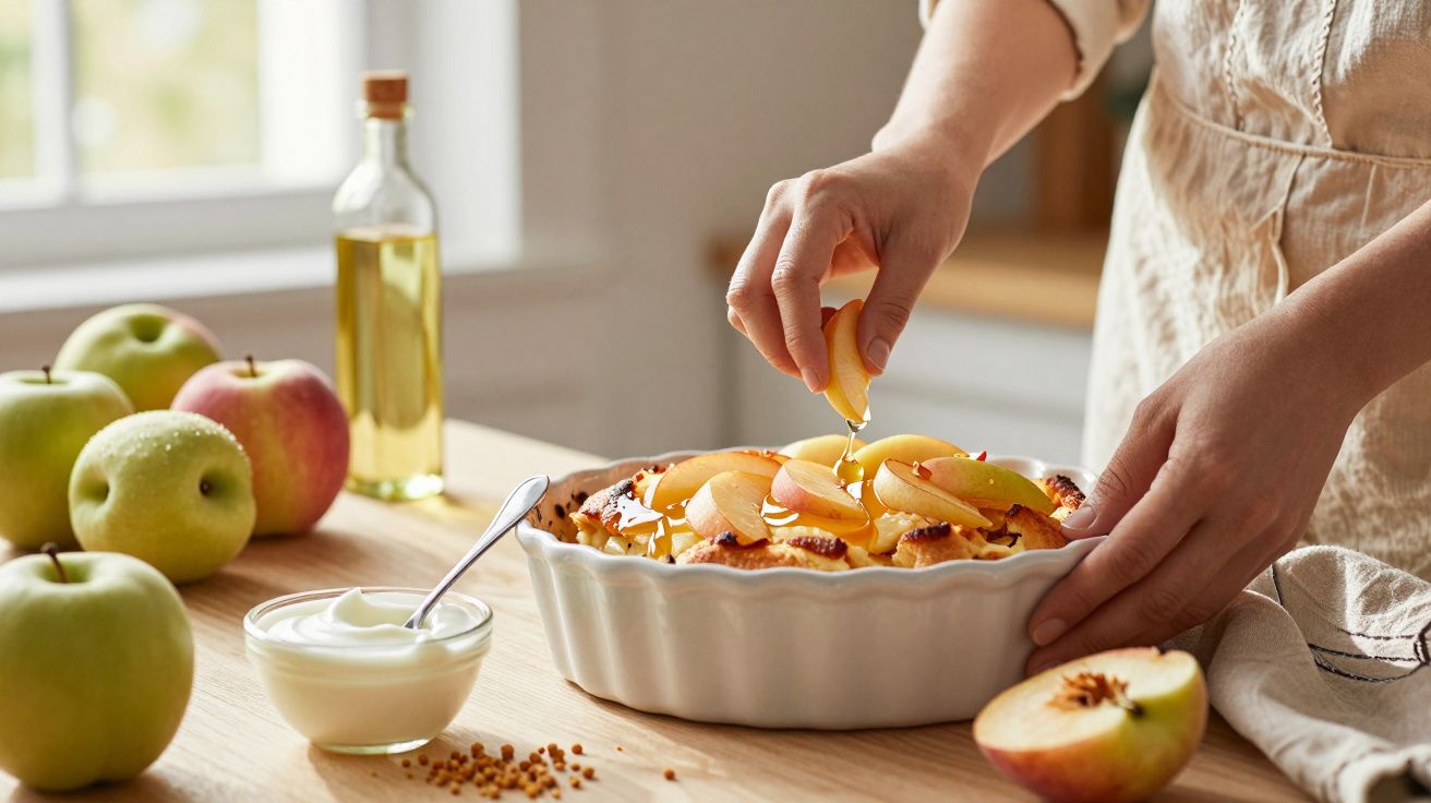 Pessoa a decorar tarte de maçã com fatias frescas numa cozinha, ao lado de maçãs e iogurte.