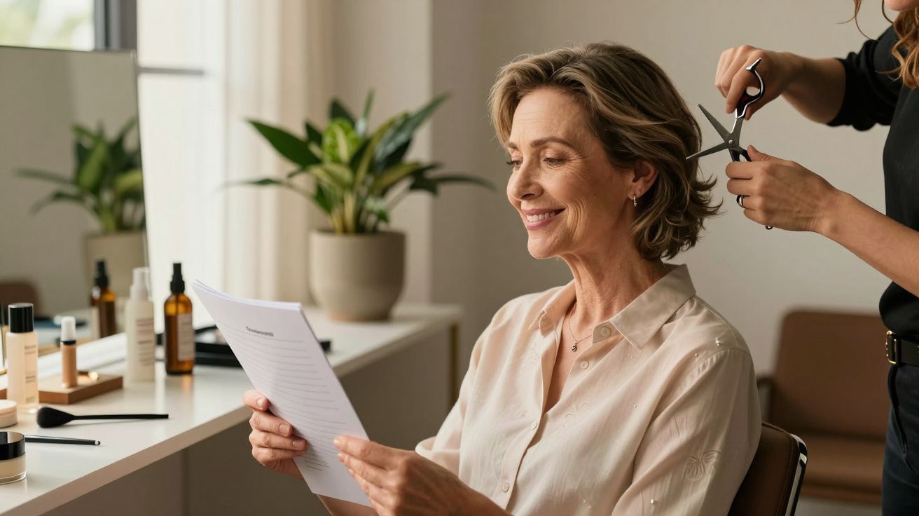 Mulher sorridente num cabeleireiro enquanto lê um papel, com plantas e produtos de beleza na mesa ao fundo.