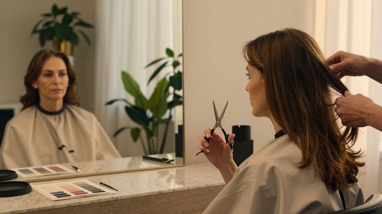 Mulher num salão de cabeleireiro, segurando tesoura e espelho, prestes a cortar o cabelo.