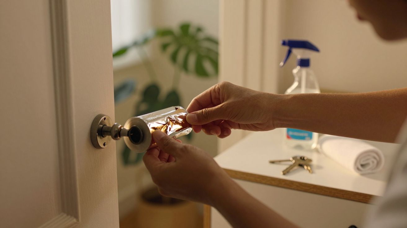 Pessoa a desinfetar maçaneta da porta numa casa, com produto de limpeza e chaves em cima de um balcão perto.