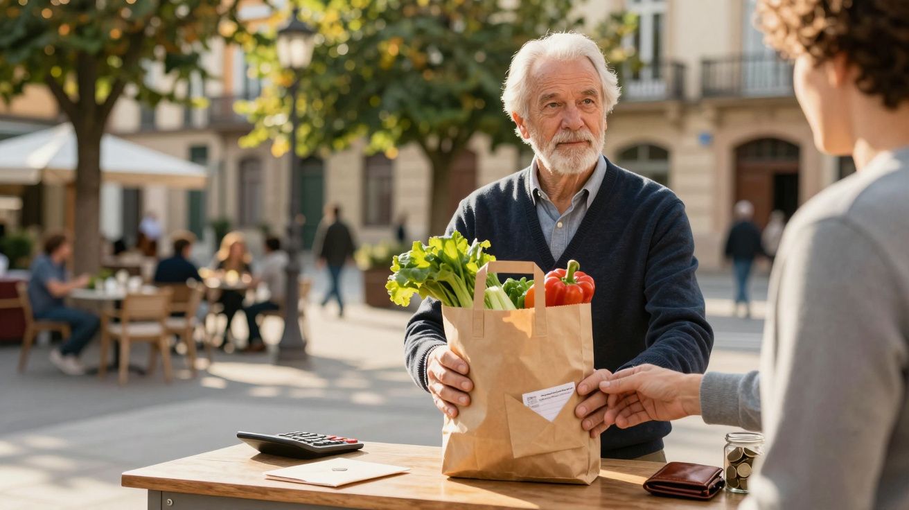 Homem idoso de cabelo grisalho com saco de compras em mercado ao ar livre, entregando a uma pessoa.