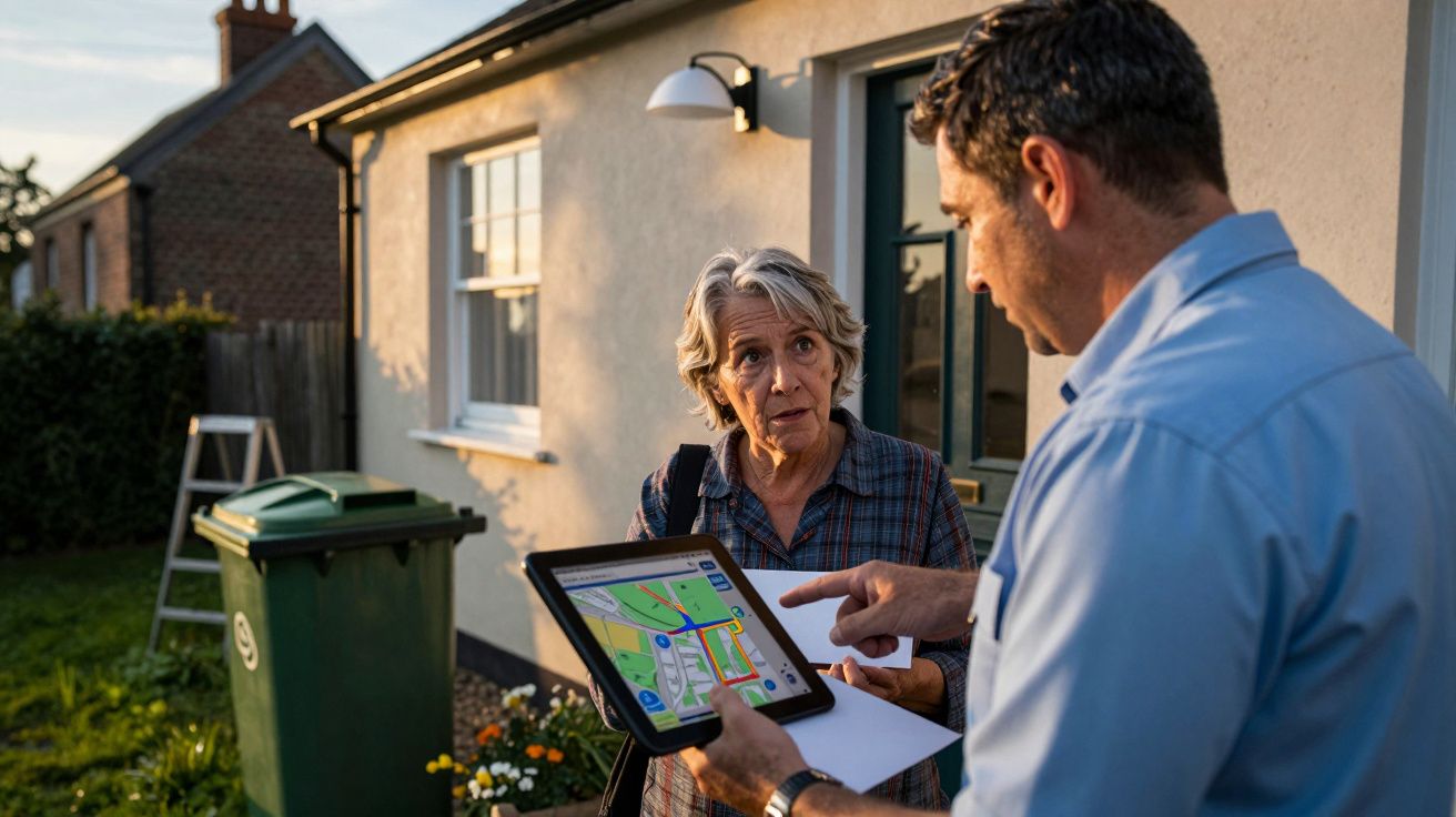 Homem a mostrar mapa digital a mulher em frente a uma casa. Contêm papéis na mão e olham concentrados para o tablet.