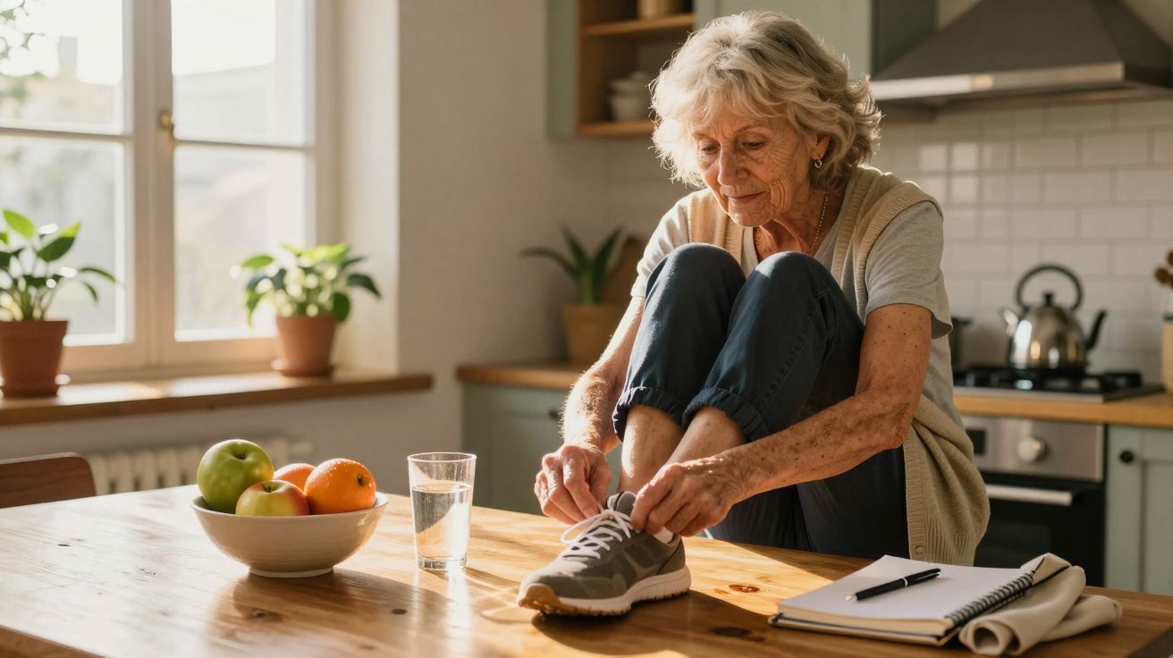 Mulher idosa sentada numa mesa, a atar os atacadores. Na mesa, há uma tigela de fruta, um copo de água e um bloco de notas.