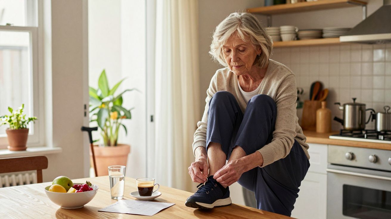 Mulher idosa a atar os atacadores na cozinha, rodeada de um pequeno-almoço saudável com fruta e café.