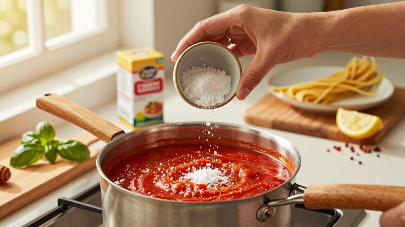 Pessoa a adicionar sal a uma panela com molho de tomate. Ao fundo, limão, massa e ervas na bancada.