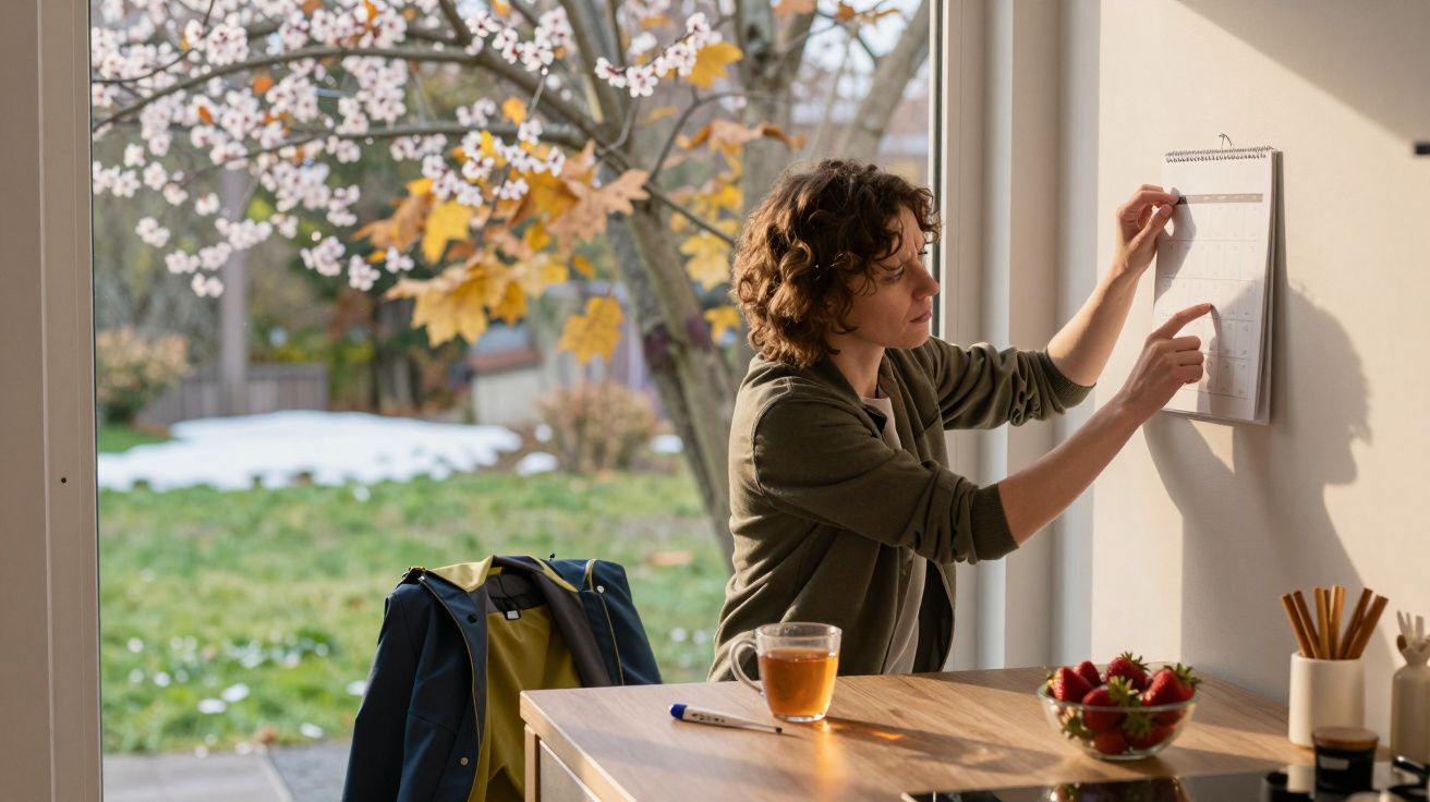 Mulher aponta para calendário na parede, com janela ao lado exibindo jardim florido.